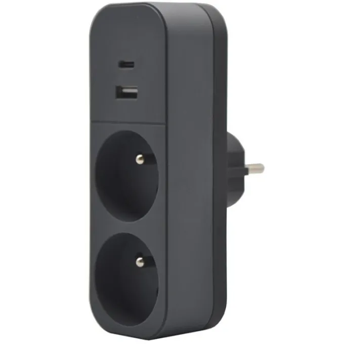 Biplite QUARX 2 prises + 1 USB-A + 1 USB-C Noire