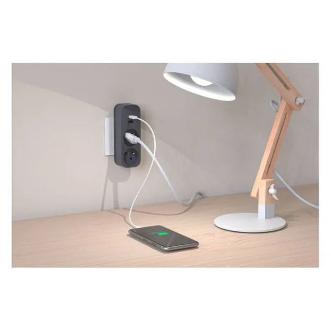 Biplite QUARX 2 prises + 1 USB-A + 1 USB-C Noire