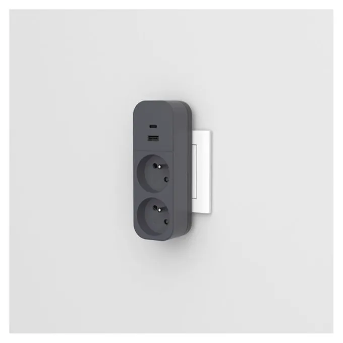 Biplite QUARX 2 prises + 1 USB-A + 1 USB-C Noire