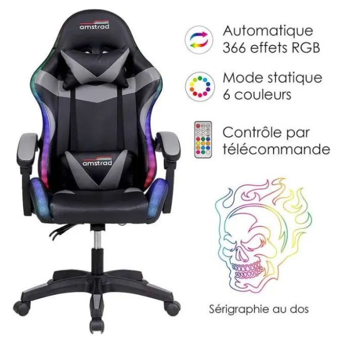 Chaise gaming AMSTRAD 900 LED Skull Noir