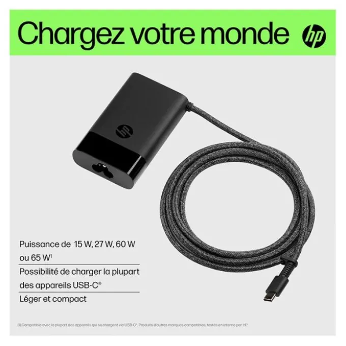 Chargeur HP USB-C 65W – Chargeur universel pour ordinateur portable, tablette et smartphone