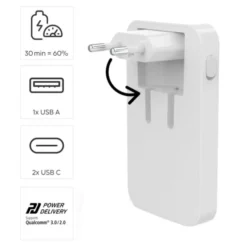 Chargeur rapide HAMA, 2 USB-C, 1 USB-A, mini-chargeur plat, PD, 65 W