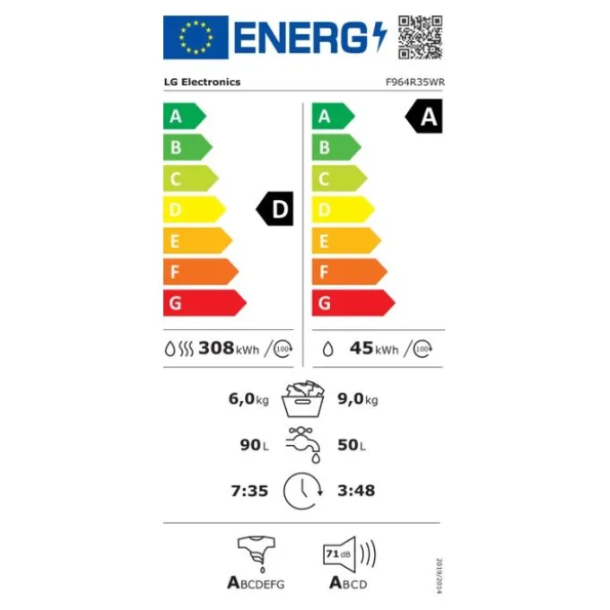 Lave-linge séchant 9 kg / 6 kg LG F964R35WR