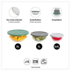 Lot de 3 saladiers verre + couvercles