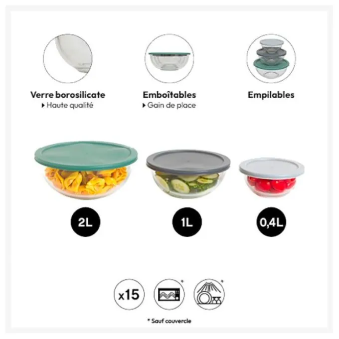 Lot de 3 saladiers verre + couvercles