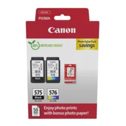 Multipack Cartouche d'encre CANON Pack de 2 Originales PG-575 Noir et CL-576 Couleur + papier