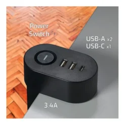 Multiprise bureau ONLAN 3 prises + 2 USB-A + 1 USB-C avec interrupteur Noire - Cable 2m