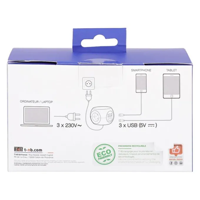 Multiprise 2 en 1 TNB 3 prises + 3 USB Blanche - Cable 1.43m