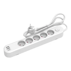 Multiprise LINK2HOME 5 prises + 2 USB-A + 1 USB-C avec interrupteur Blanc - Cable 1.5m