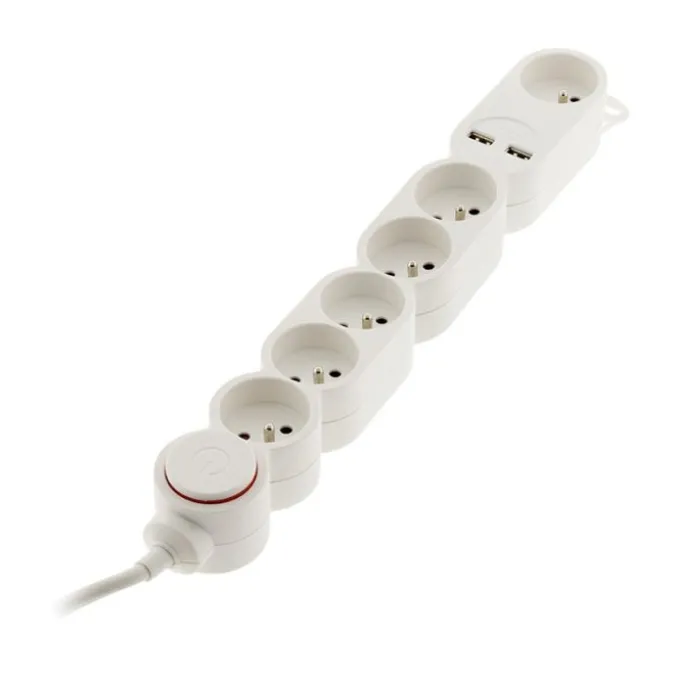 Multiprise ZENITECH 6 prises + 2 USB-A avec interrupteur Blanche - Cable 1.5m