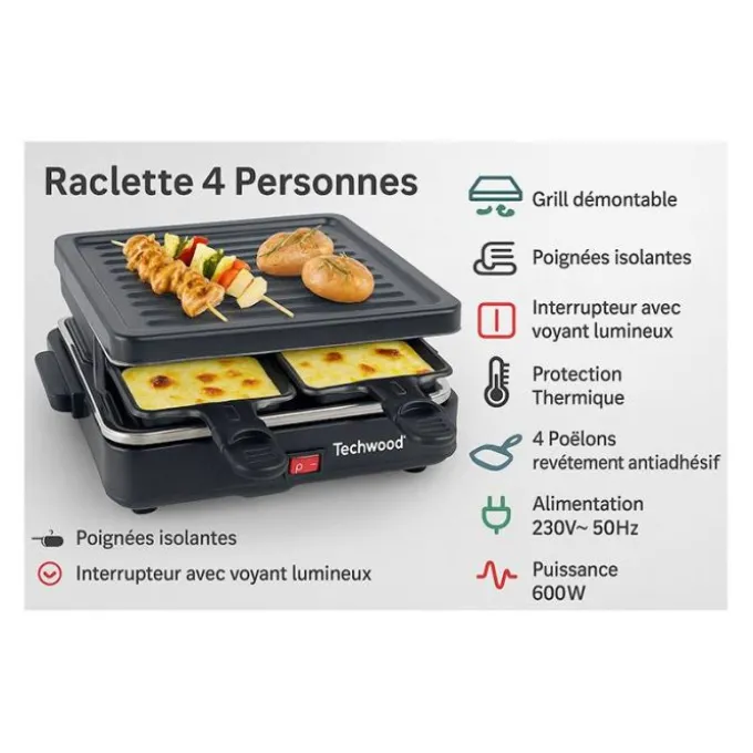 Raclette TECHWOOD 4 personnes + grill TRA-46