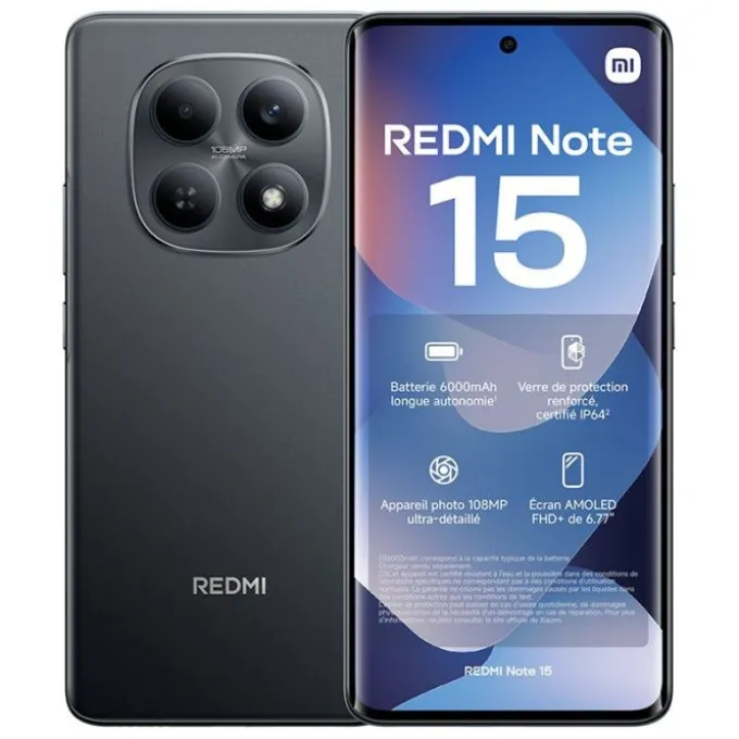 Smartphone XIAOMI Redmi Note 15 4G 256Go Noir + Coque